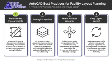 Four AutoCAD facility layout best practices process infographic with icons