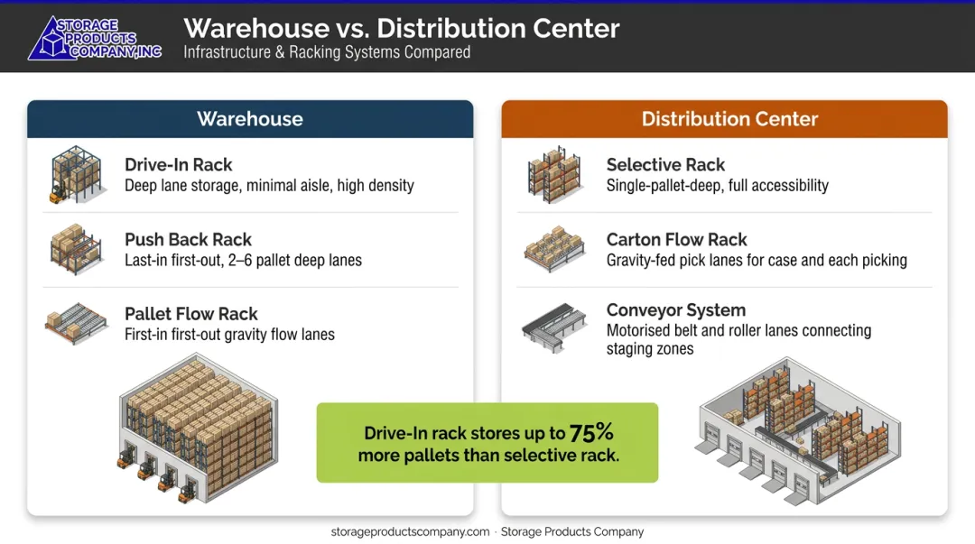 Warehouse versus distribution center racking and facility equipment comparison infographic