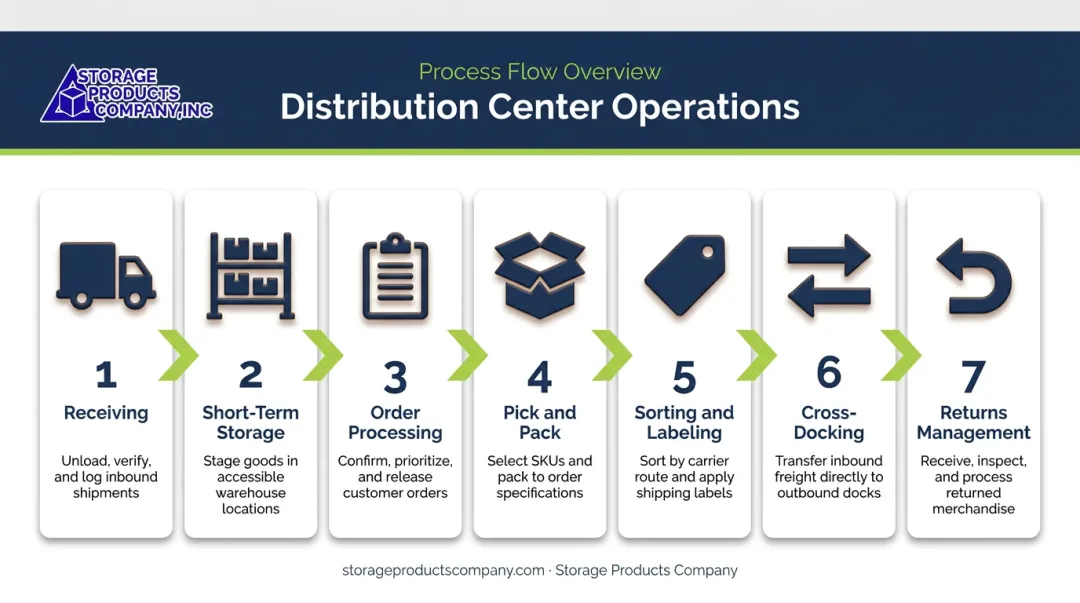 7-step distribution center operations flow from receiving to returns management