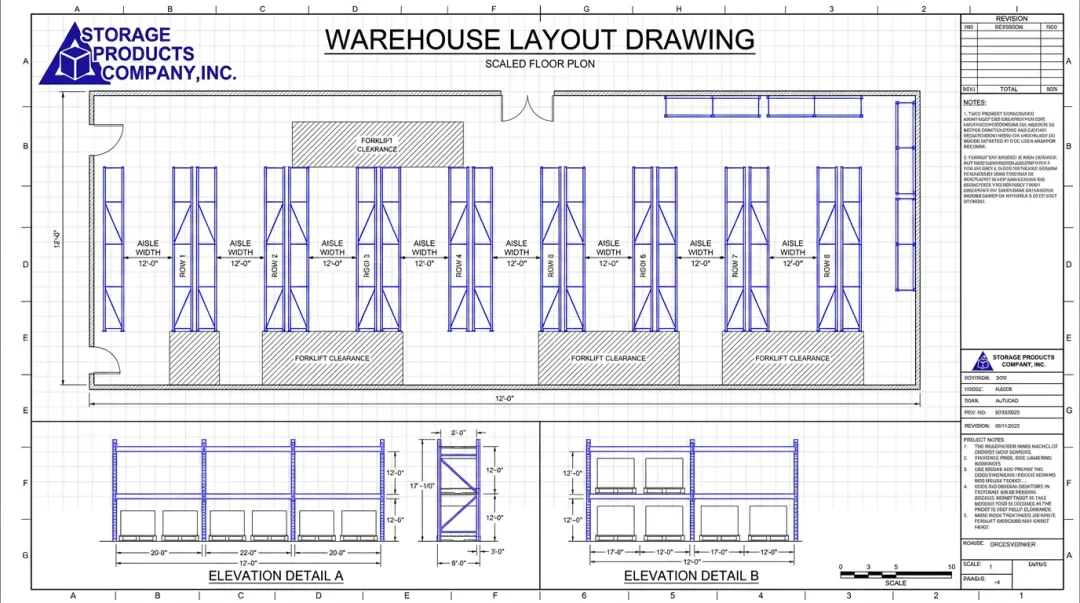 AutoCAD warehouse layout drawing showing rack elevations aisle configuration and floor plan design