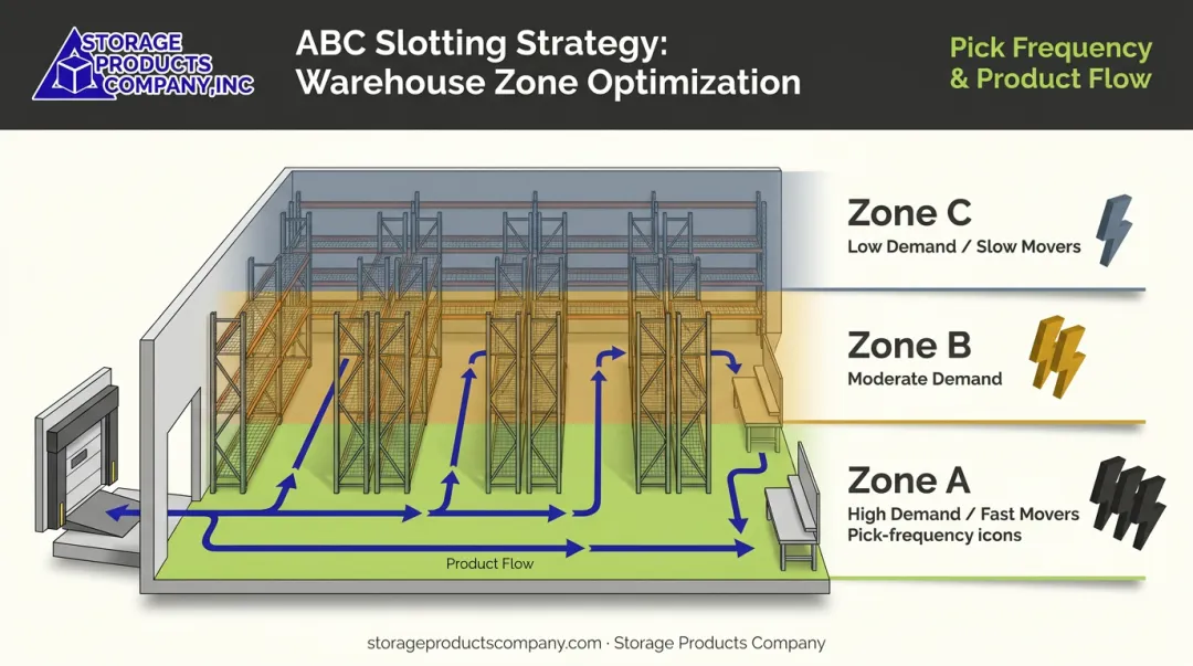 ABC inventory slotting strategy diagram showing velocity zones and warehouse location assignments