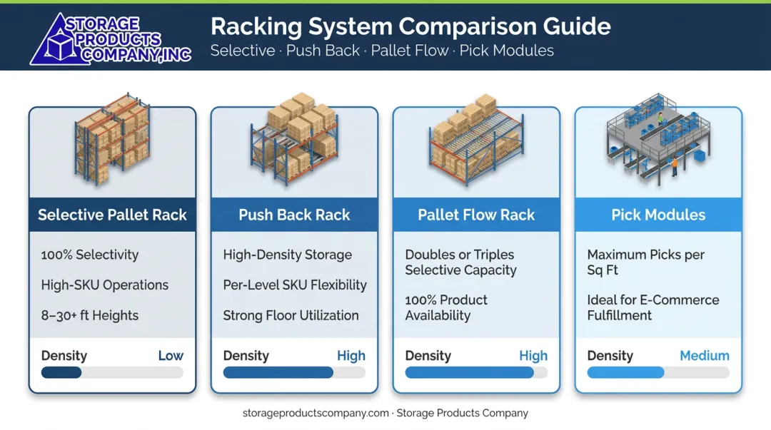 Four warehouse racking system types comparison showing selectivity density and best use cases
