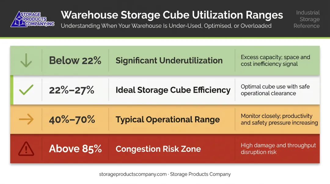 Warehouse space utilization rate ranges interpretation chart from underuse to congestion risk