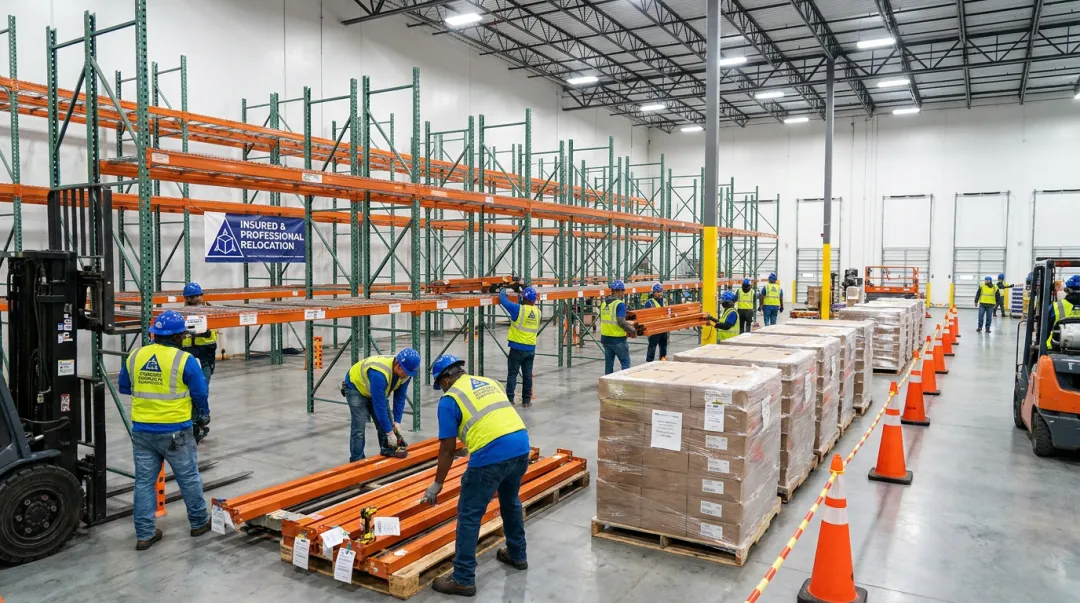 Professional rack relocation team dismantling warehouse pallet racking system