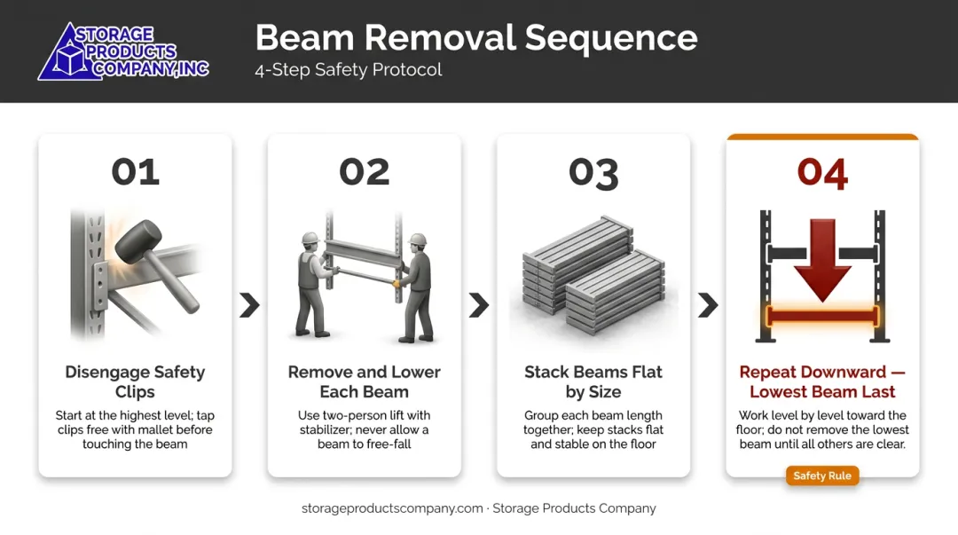 4-step top-to-bottom pallet rack beam removal sequence infographic