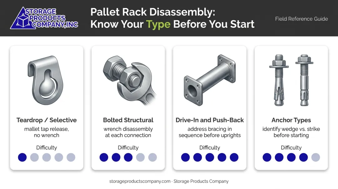 Four pallet rack types disassembly connection method comparison chart
