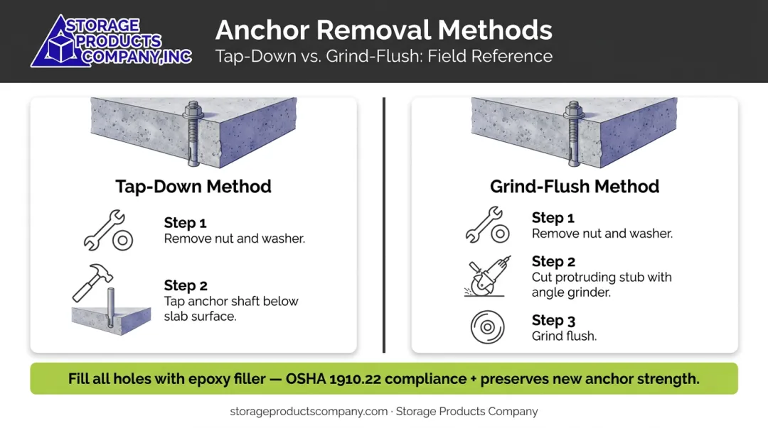 Floor anchor removal and concrete repair process two-method comparison diagram