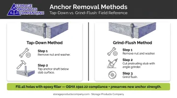 Floor anchor removal and concrete repair process two-method comparison diagram