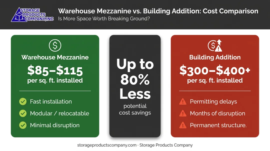 Mezzanine cost per square foot versus building addition cost comparison infographic