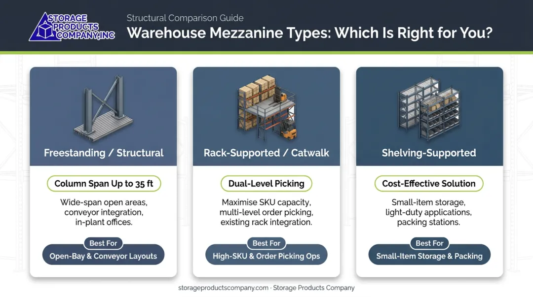 Three warehouse mezzanine types comparison freestanding rack-supported shelving-supported infographic
