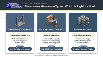 Three warehouse mezzanine types comparison freestanding rack-supported shelving-supported infographic