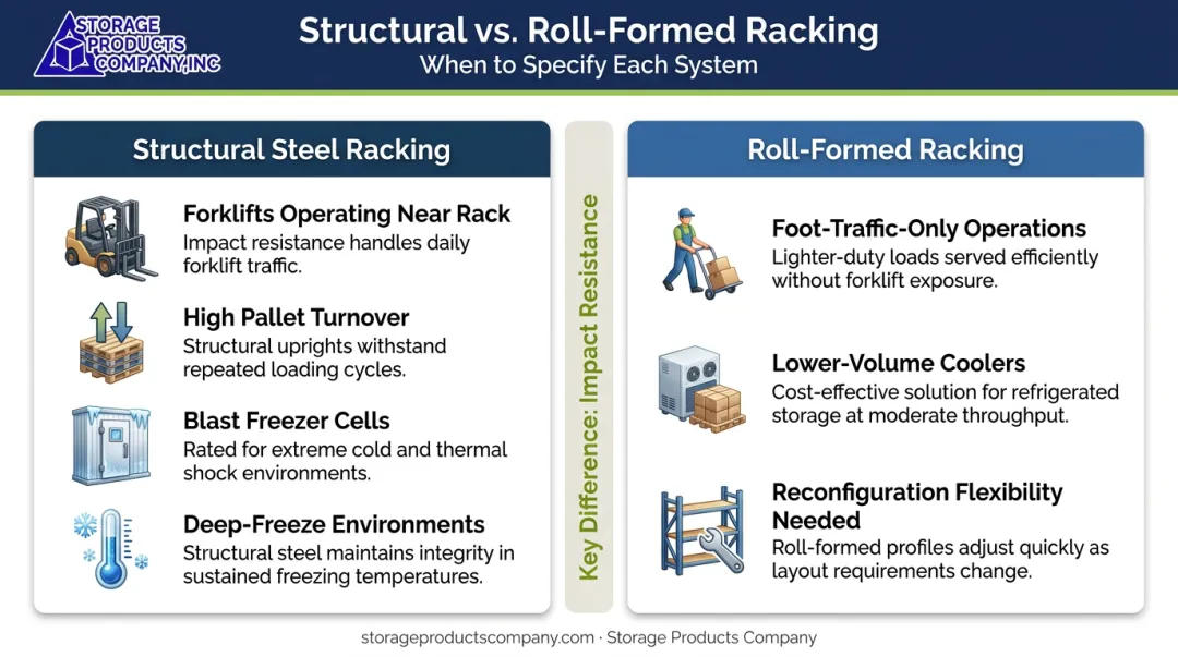 Structural steel versus roll-formed racking cold storage comparison decision guide infographic