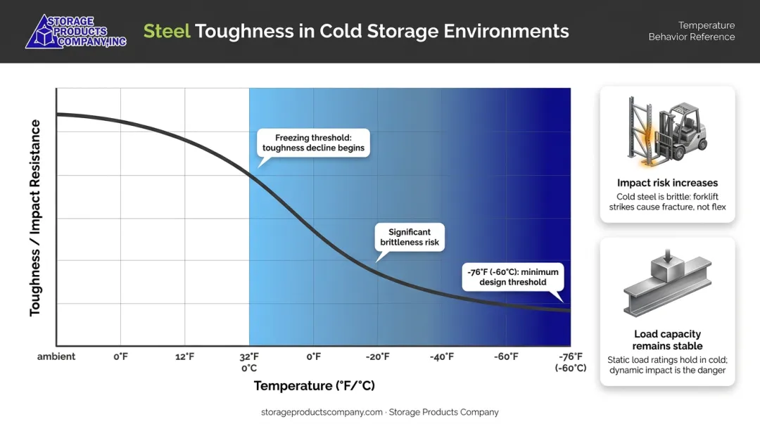 Steel toughness versus temperature chart showing brittleness risk in cold storage environments