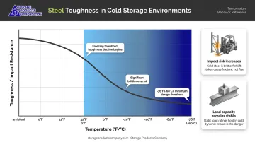 Steel toughness versus temperature chart showing brittleness risk in cold storage environments