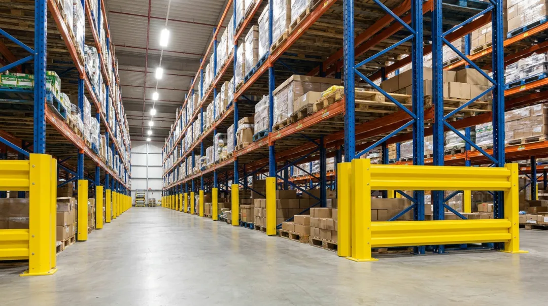 Pallet rack upright column protectors and row-end guards installed in cold storage warehouse