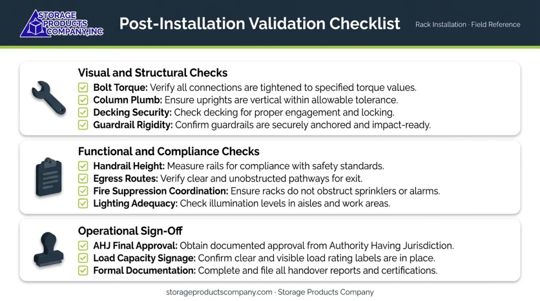 Mezzanine post-installation validation checklist covering structural compliance and occupancy sign-off