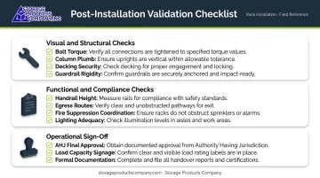 Mezzanine post-installation validation checklist covering structural compliance and occupancy sign-off