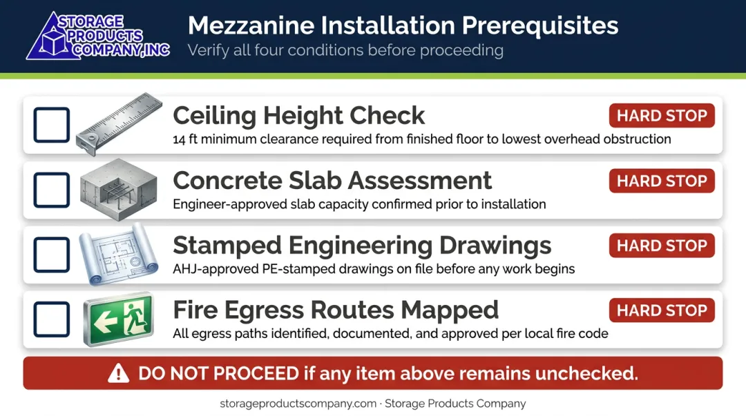 Mezzanine installation prerequisites checklist with four critical hard stop conditions