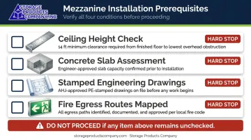 Mezzanine installation prerequisites checklist with four critical hard stop conditions