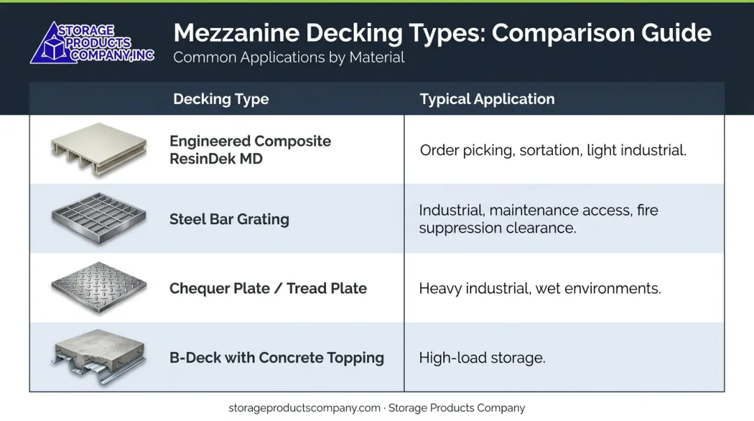 Mezzanine decking material comparison chart by application and load type