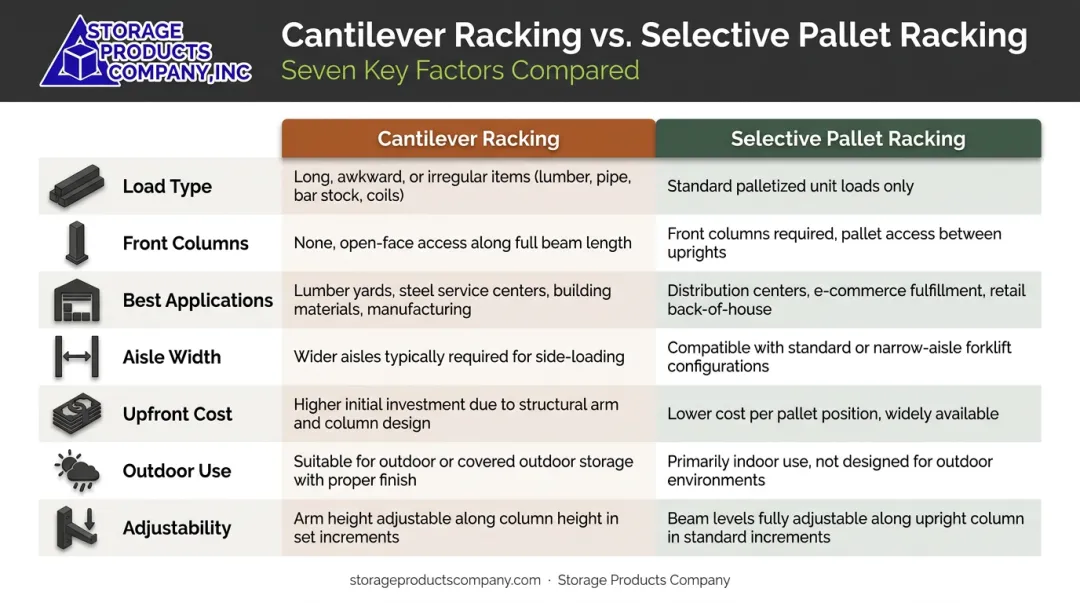 Cantilever racking versus selective pallet racking seven-factor side-by-side comparison chart