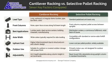 Cantilever racking versus selective pallet racking seven-factor side-by-side comparison chart