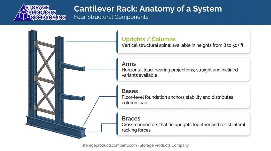 Four key structural components of cantilever racking system anatomy diagram
