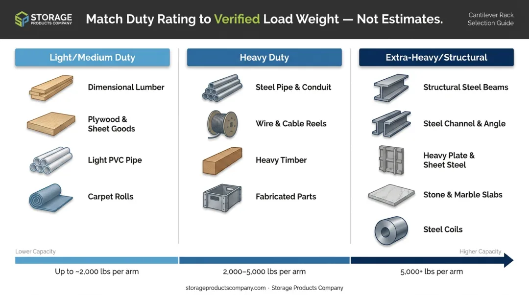 Cantilever rack duty rating comparison chart light medium heavy structural applications