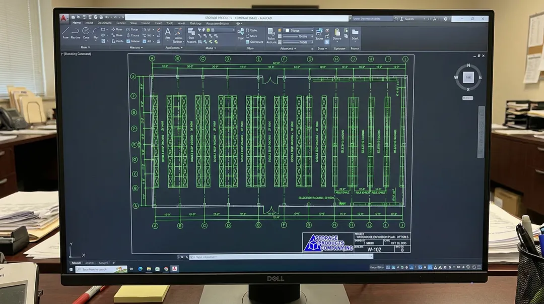 AutoCAD warehouse layout design showing racking configuration and column grid planning