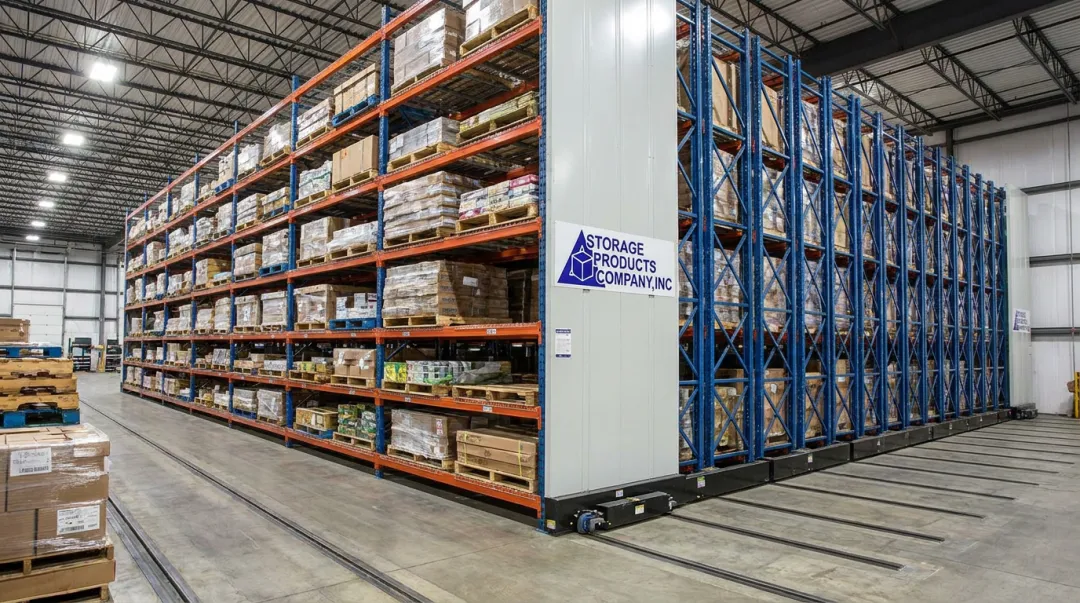 Mobile pallet racking system with open aisle showing high-density warehouse storage