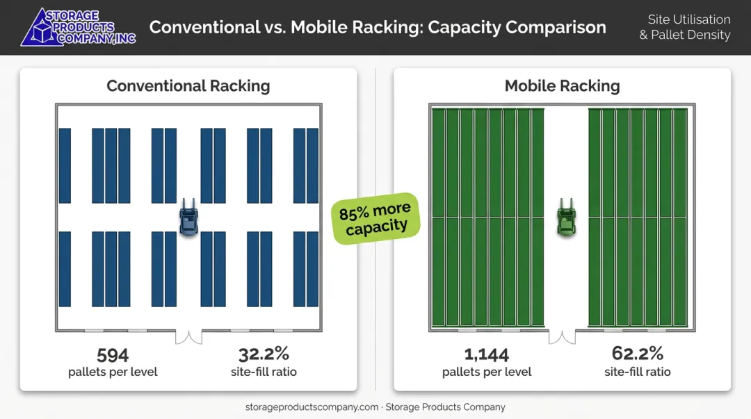 Conventional racking versus mobile racking storage density comparison infographic