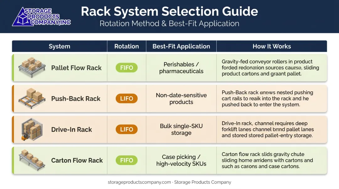 High-density racking systems FIFO versus LIFO inventory rotation method comparison chart
