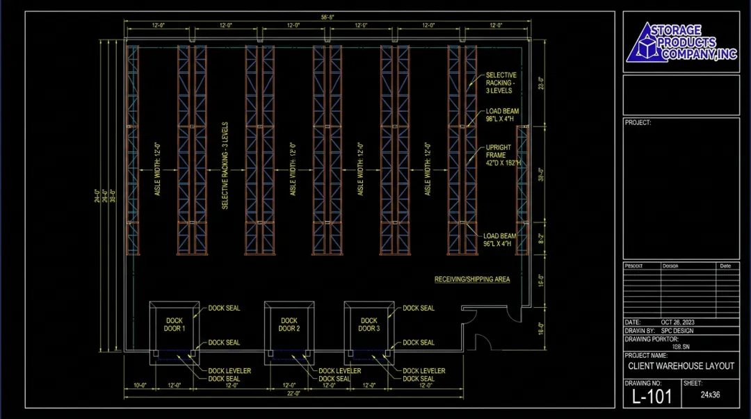 AutoCAD warehouse layout drawing showing rack configuration and facility floor plan