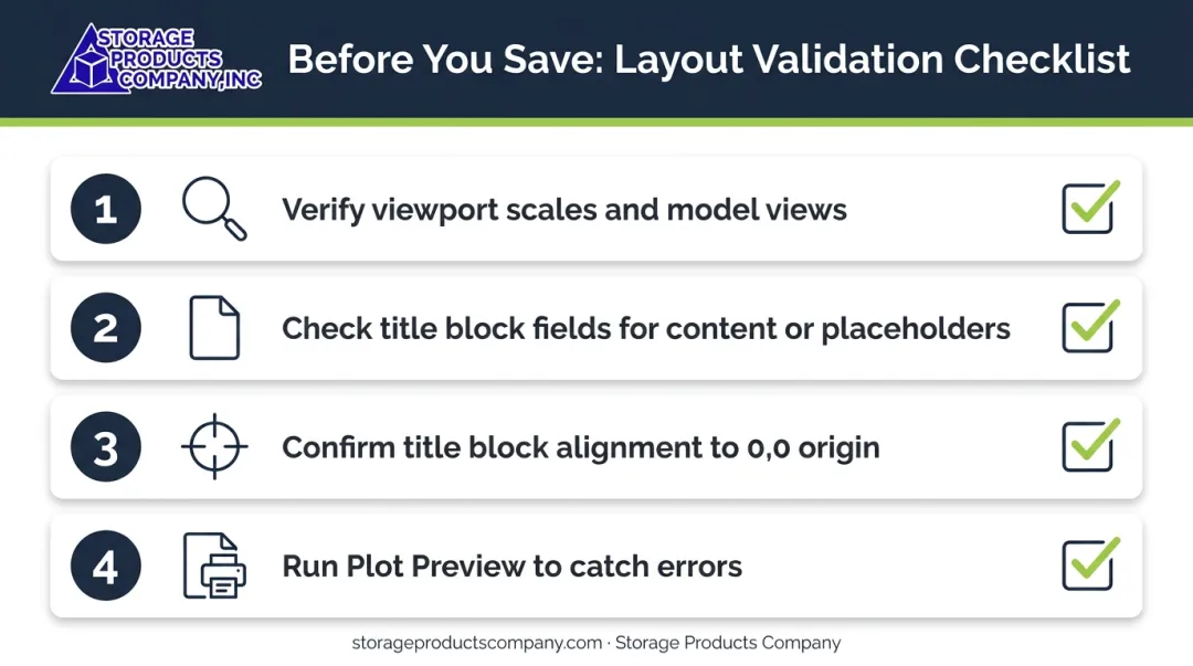 4-step AutoCAD layout validation checklist before saving as template file