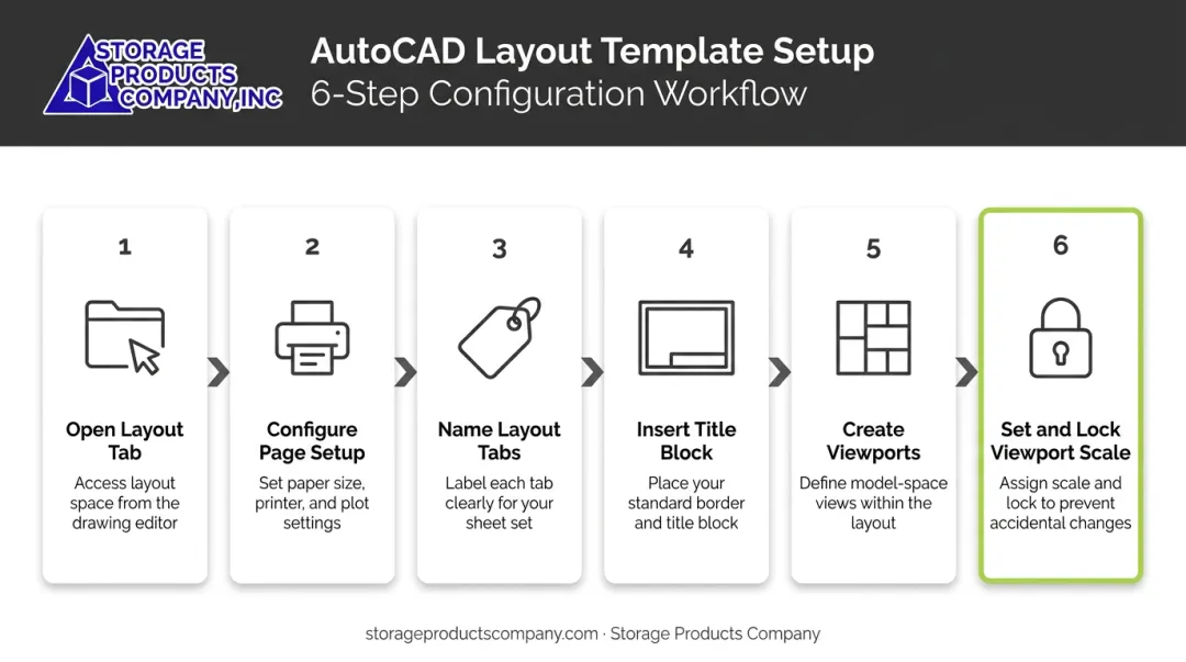 6-step AutoCAD layout setup process from template to locked viewport