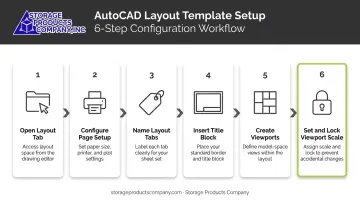 6-step AutoCAD layout setup process from template to locked viewport