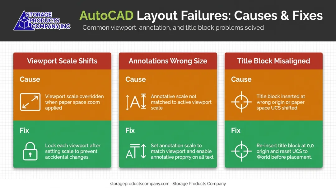 Three common AutoCAD layout problems causes and fixes comparison infographic