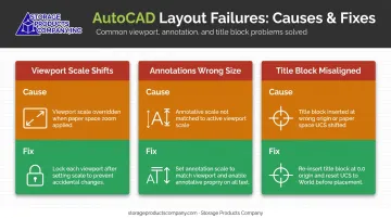 Three common AutoCAD layout problems causes and fixes comparison infographic