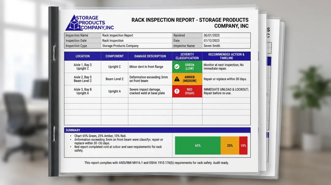 Cantilever rack inspection report showing green amber red severity classification system
