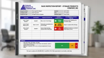 Cantilever rack inspection report showing green amber red severity classification system