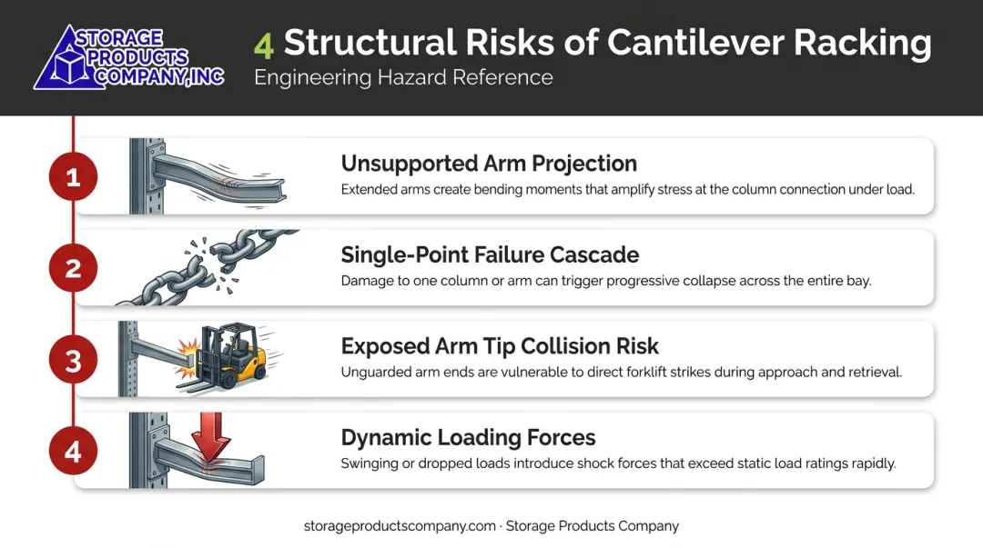 Four unique structural risks of cantilever racking systems illustrated