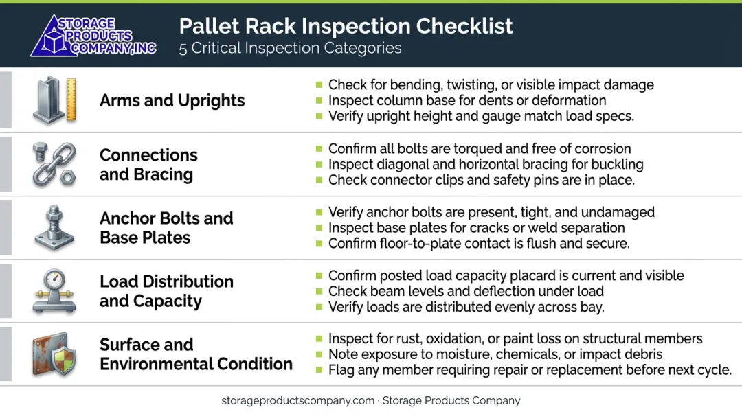Cantilever rack inspection checklist covering five key structural and compliance areas