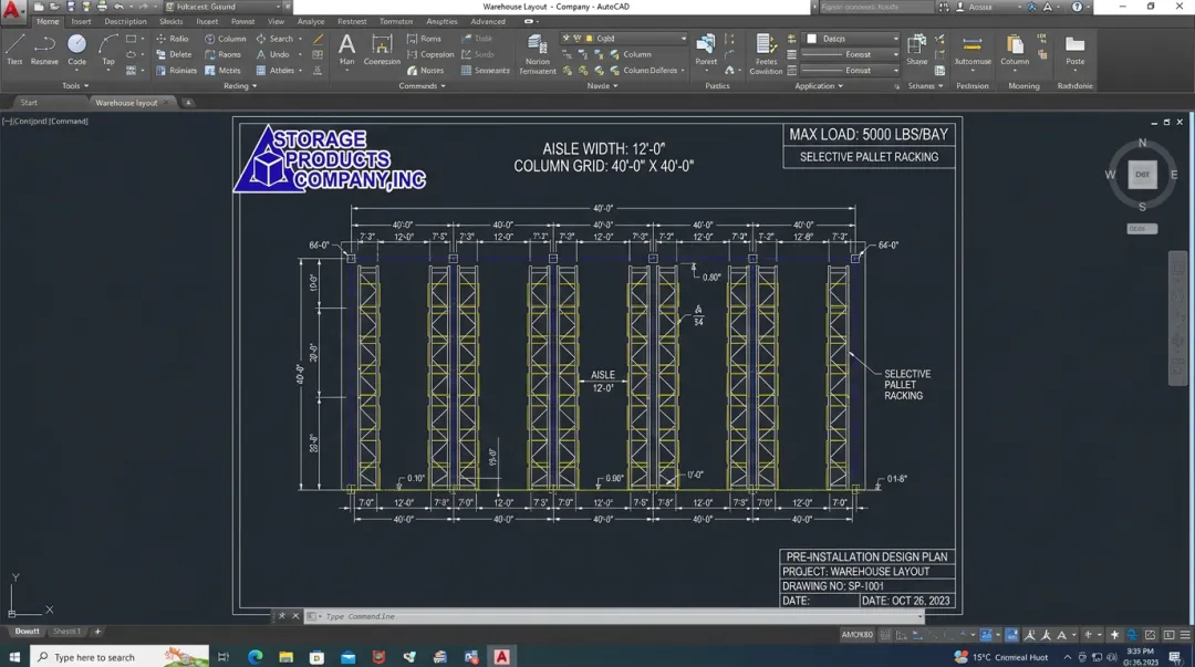 AutoCAD warehouse racking layout plan showing rack placement aisle widths and load configurations