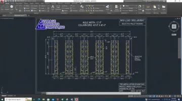 AutoCAD warehouse racking layout plan showing rack placement aisle widths and load configurations
