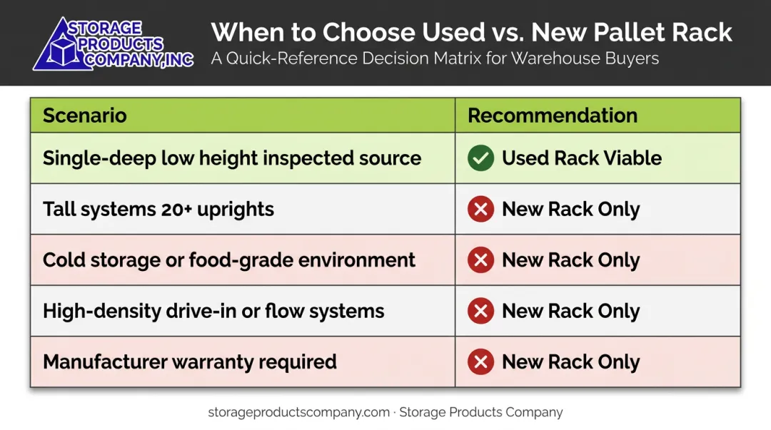 New versus used pallet racking decision framework comparison table by scenario and recommendation