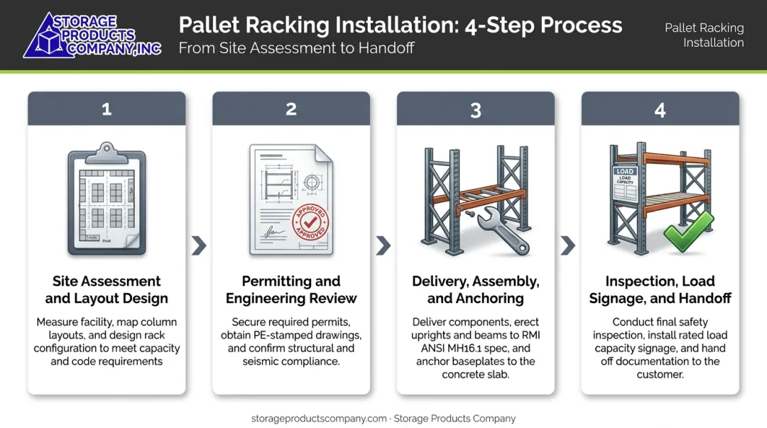 Four-step pallet racking installation process from site assessment to final handoff