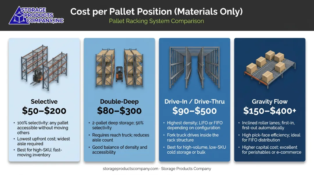 Four pallet racking system types cost comparison per pallet position infographic