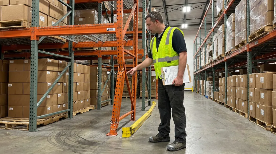 Warehouse forklift impact damage on bent pallet rack upright requiring replacement