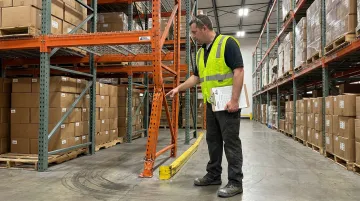 Warehouse forklift impact damage on bent pallet rack upright requiring replacement