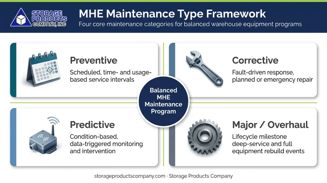 Four MHE maintenance types framework preventive corrective predictive and overhaul